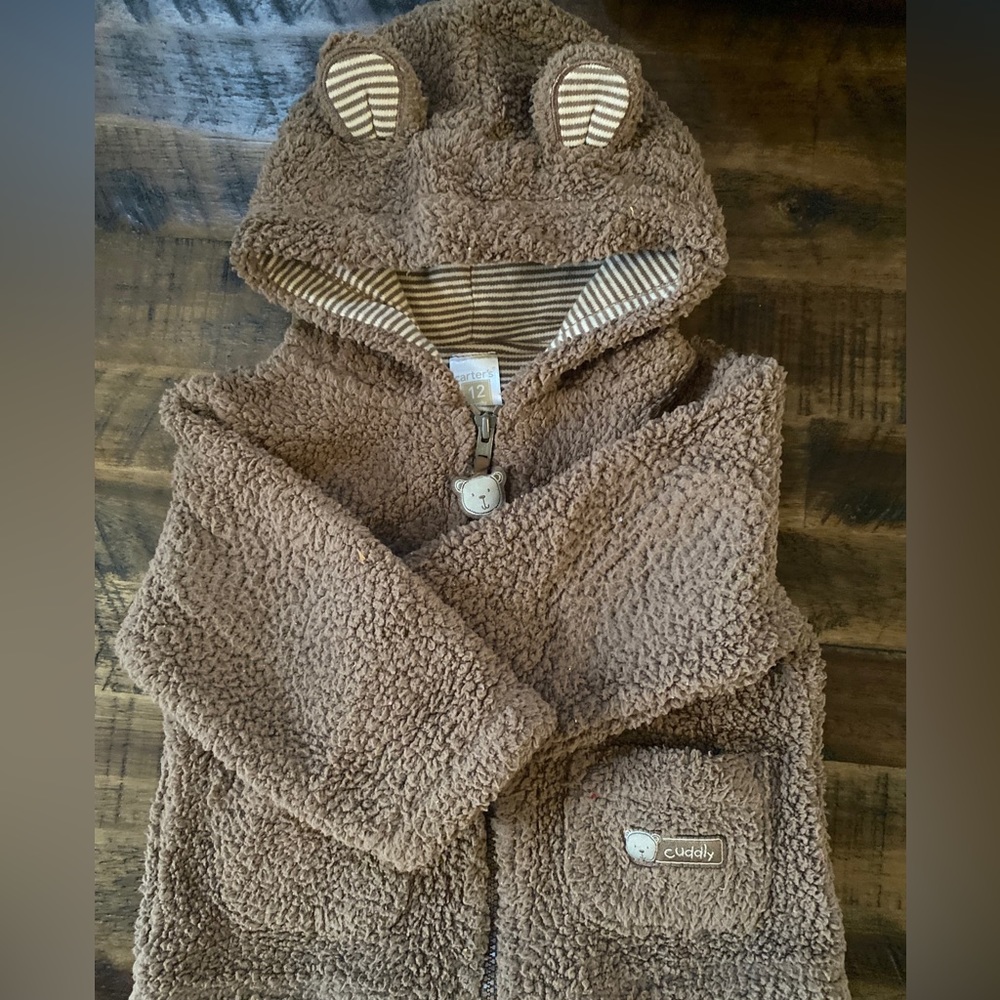 Vintage Carters Teddy Bear Hooded Zip Up Jacket Size 12 Months Baby Boy Girl